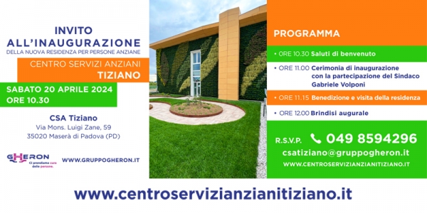 MASER&Agrave; DI PADOVA: SABATO 20 APRILE L&rsquo;INAUGURAZIONE DEL NUOVO CENTRO SERVIZI ANZIANI TIZIANO.
