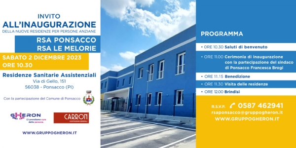 LE NUOVE RSA DI GRUPPO GHERON IN TOSCANA: INAUGURAZIONE A PONSACCO SABATO 2 DICEMBRE