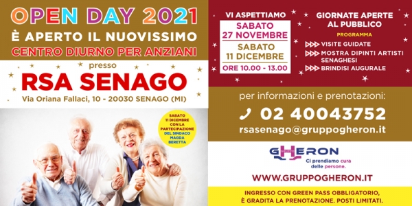 DUE APPUNTAMENTI CON ''OPEN DAY" AL NUOVO CENTRO DIURNO PER ANZIANI PRESSO LA RSA SENAGO: 27 NOVEMBRE E 11 DICEMBRE 2021